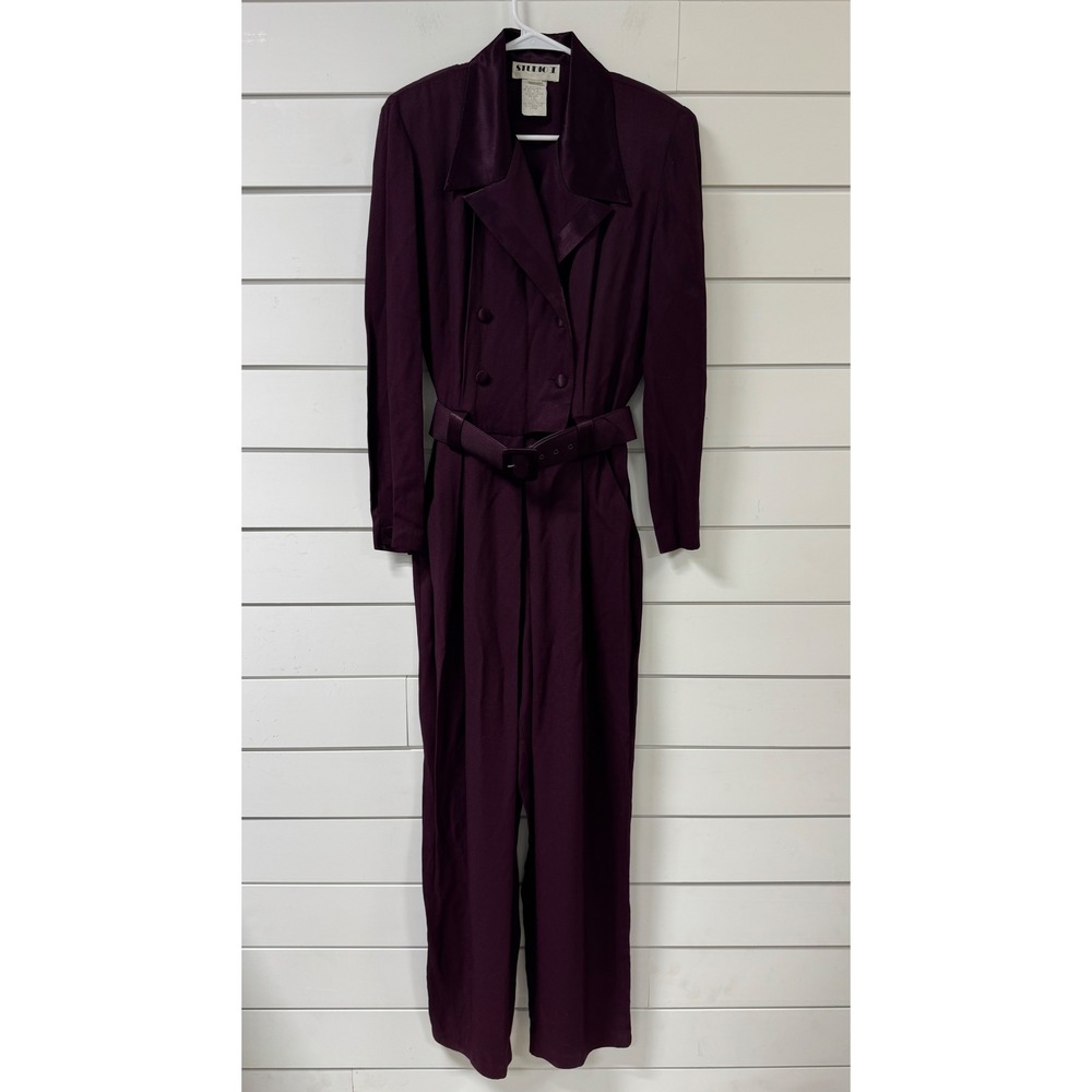 Vintage Studio I Purple Double Breasted Belted Wide Leg Jumpsuit Satin Trim 10